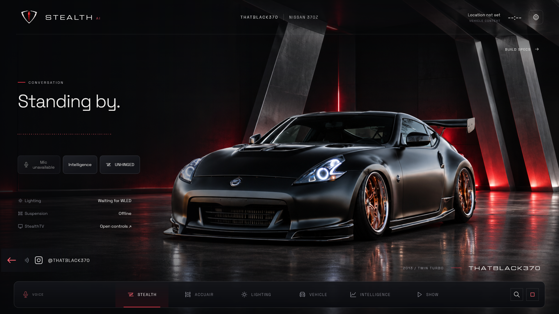 Stealth AI home interface with conversation, vehicle controls, and the display car