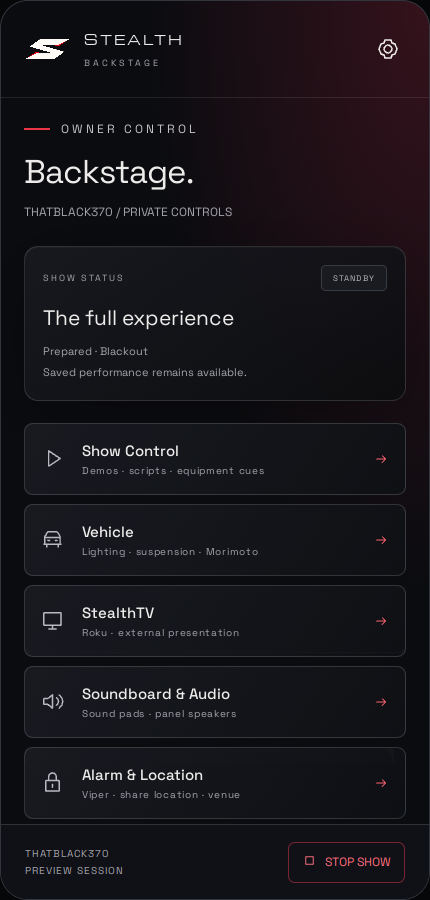 Backstage phone interface design preview with show, vehicle, display, and audio controls